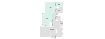 A diagram shows a laundry room connected to two bathrooms and two bedrooms.