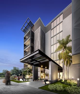 a rendering of a building with palm trees