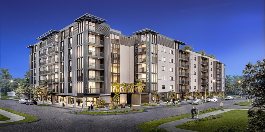 a rendering of an apartment building on a city street