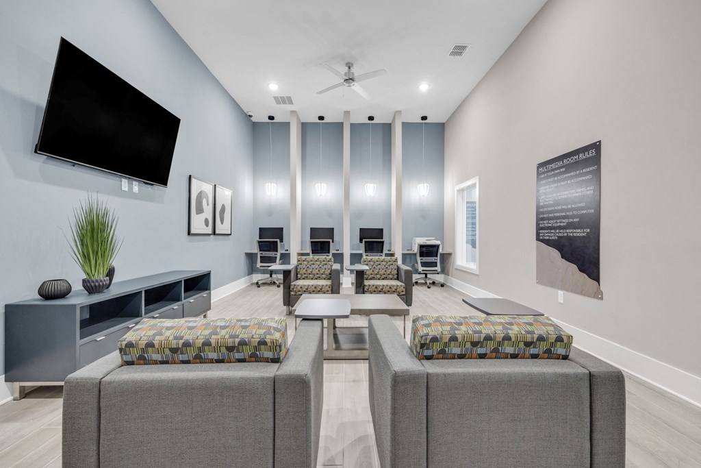 a living room with couches and chairs and a television