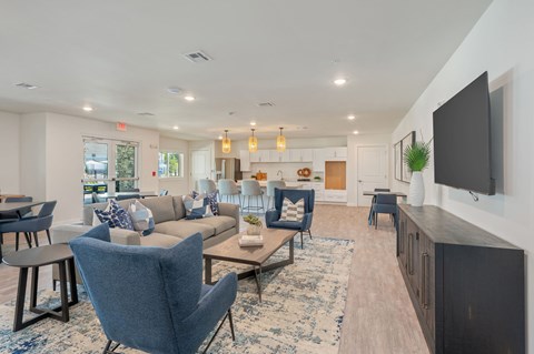 A living room with a grey couch, a blue chair and a white wall.