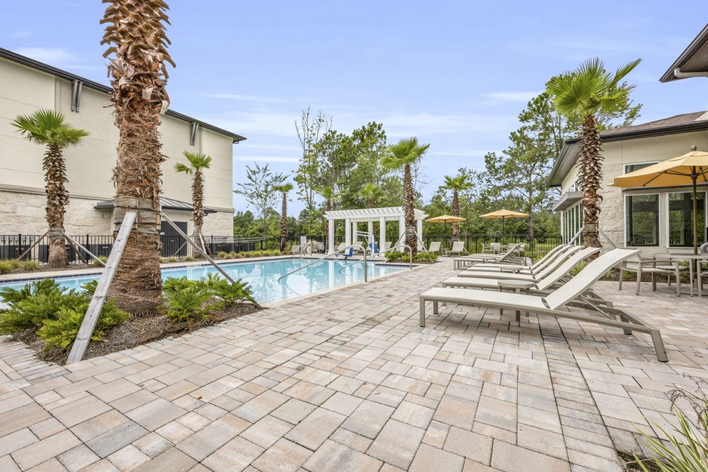 a swimming pool with lounge chairs and palm trees