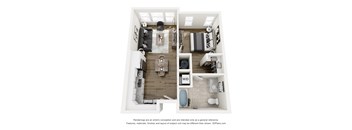 A 3D floor plan of a small apartment with a kitchen, living room, and bathroom.