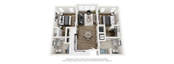 A 3D floor plan of a house with a living room, kitchen, dining room, and bathrooms.