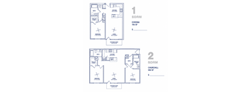 Two floor plans for a 785 square foot and a 990 square foot home.