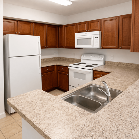 A kitchen with a white refrigerator, white stove, and brown cabinets.