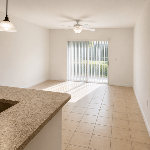 A kitchen with a counter and a ceiling fan.