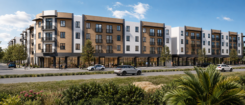 A row of modern apartment buildings are shown in the image.