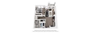 A 3D floor plan of a small apartment with a kitchen, living room, and bathroom.