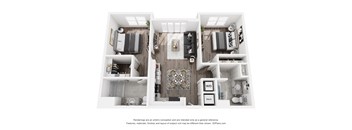 A 3D floor plan of a house with a kitchen, living room, and bathroom.