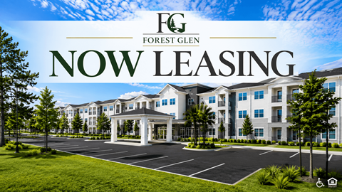 A large image of a Forest Glen apartment complex with the words "Now Leasing" on the bottom.