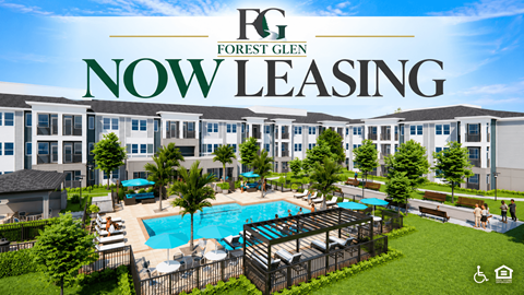 A large image of a swimming pool surrounded by chairs and trees with the words "Now Leasing" in the foreground.