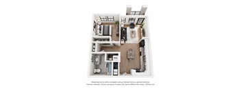 A floor plan of a small apartment with a kitchen, living room, and bathroom.