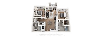 A 3D floor plan of a house with a kitchen, living room, and bathroom.