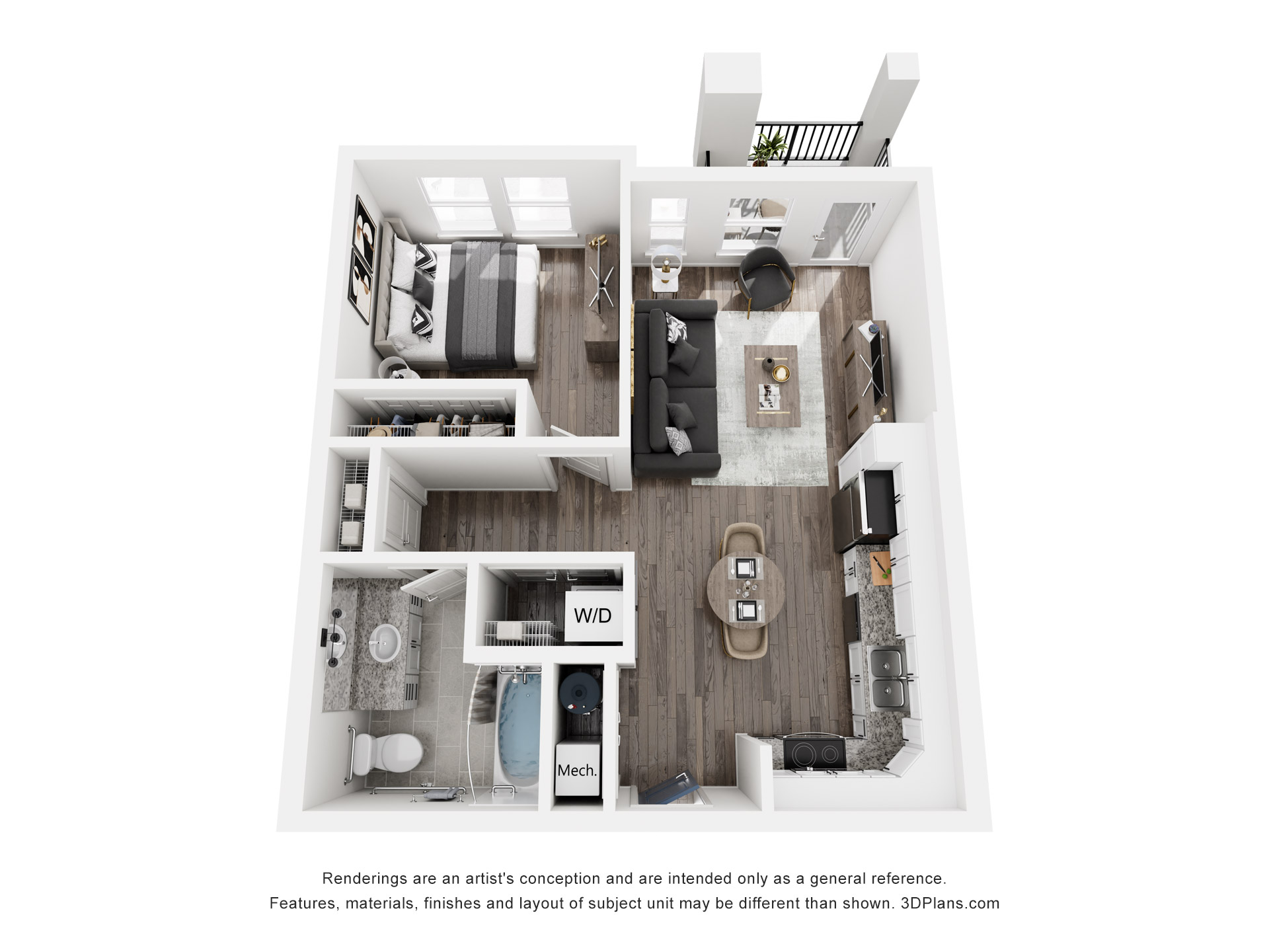 A floor plan of a small apartment with a kitchen, living room, and bathroom.
