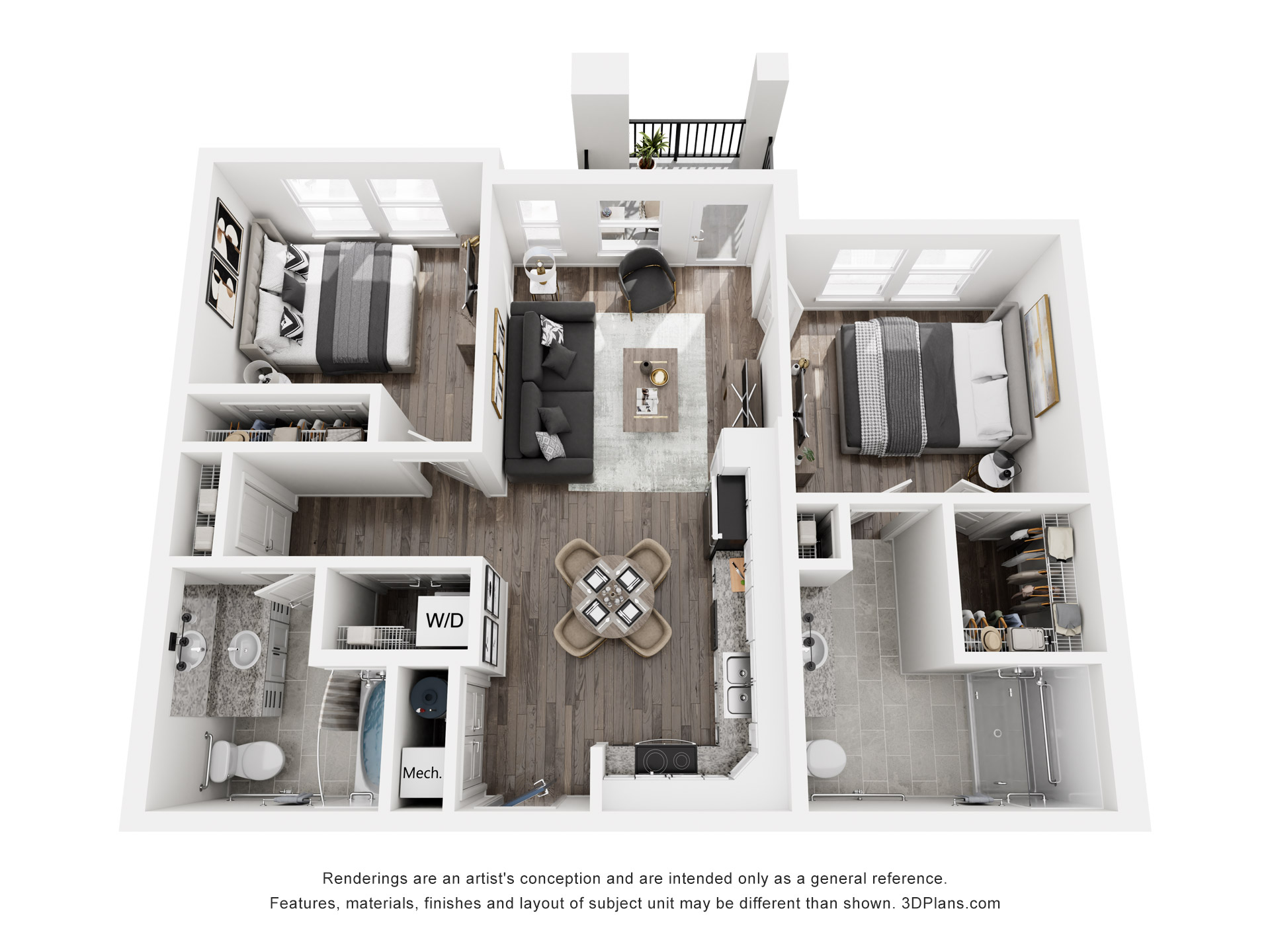 A 3D floor plan of a house with a kitchen, living room, and bathrooms.