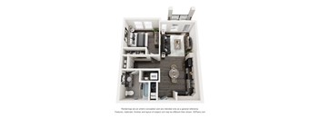 A 3D floor plan of a small apartment with a kitchen, living room, and bathroom.