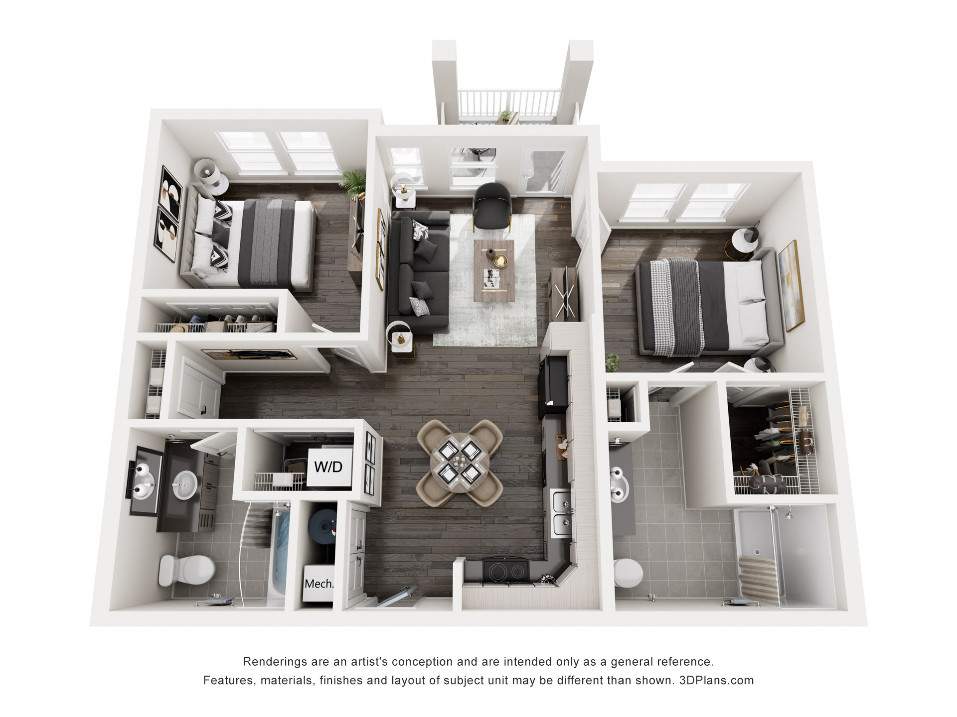 A 3D floor plan of a house with a living room, dining room, kitchen, and bathrooms.