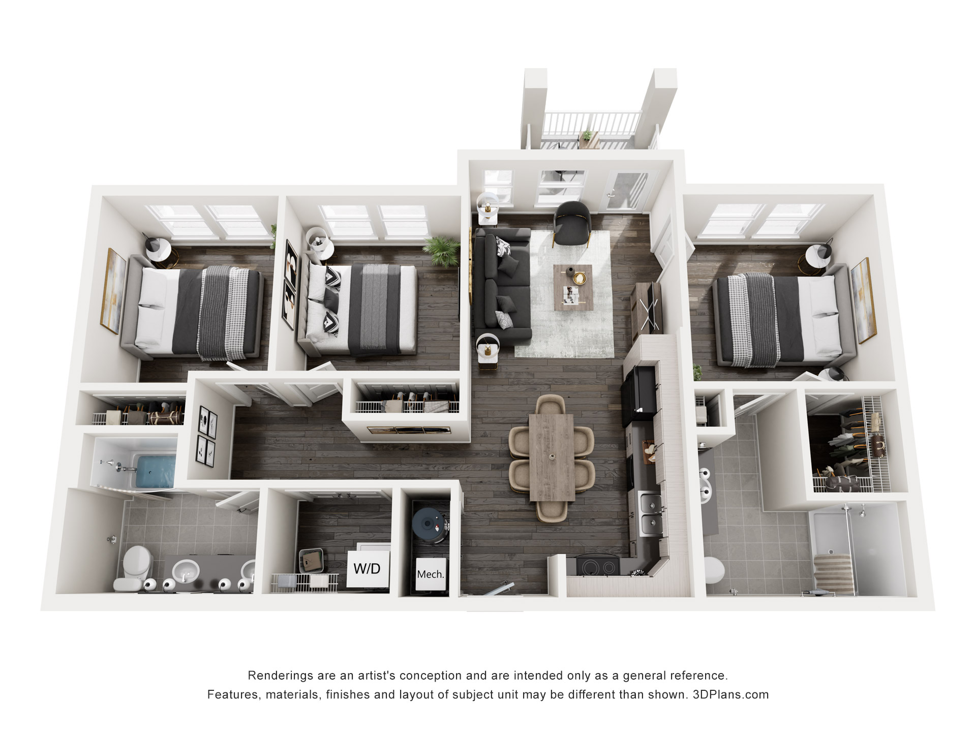 A 3D floor plan of a house with labeled rooms.
