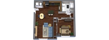 A 3D floor plan of a small apartment with a living room, kitchen, and bedroom.