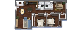 A floor plan of a house with a kitchen, living room, dining room, and bedrooms.