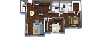 A 3D floor plan of a house with a living room, kitchen, dining room, and bedrooms.