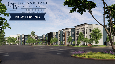 A rendering of a modern apartment complex with the text "Grand East Village" and "Now Leasing" prominently displayed.