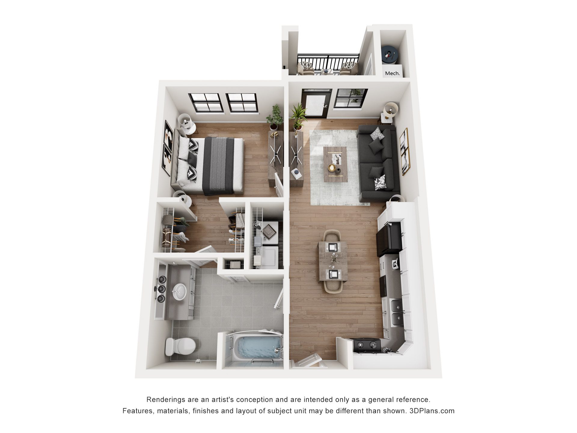 A 3D floor plan of a small apartment with a living room, kitchen, and bedroom.