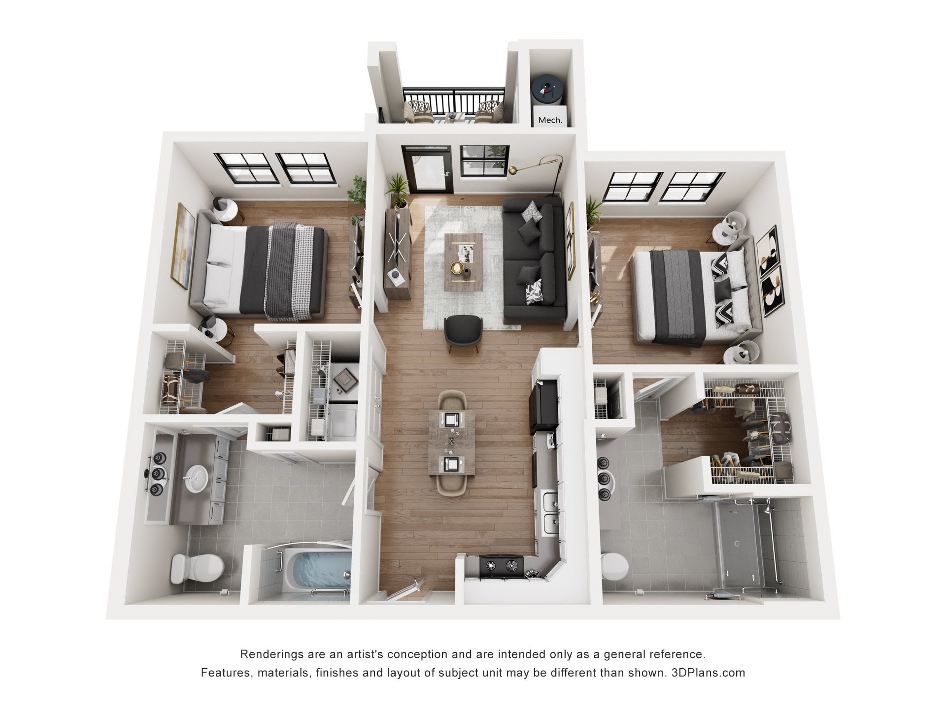 A 3D floor plan of a house with a kitchen, living room, and two bedrooms.