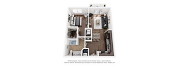 A 3D floor plan of a small apartment with a kitchen, living room, and bathroom.