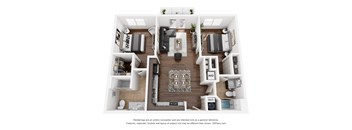 A 3D floor plan of a house with a kitchen, living room, and bedrooms.