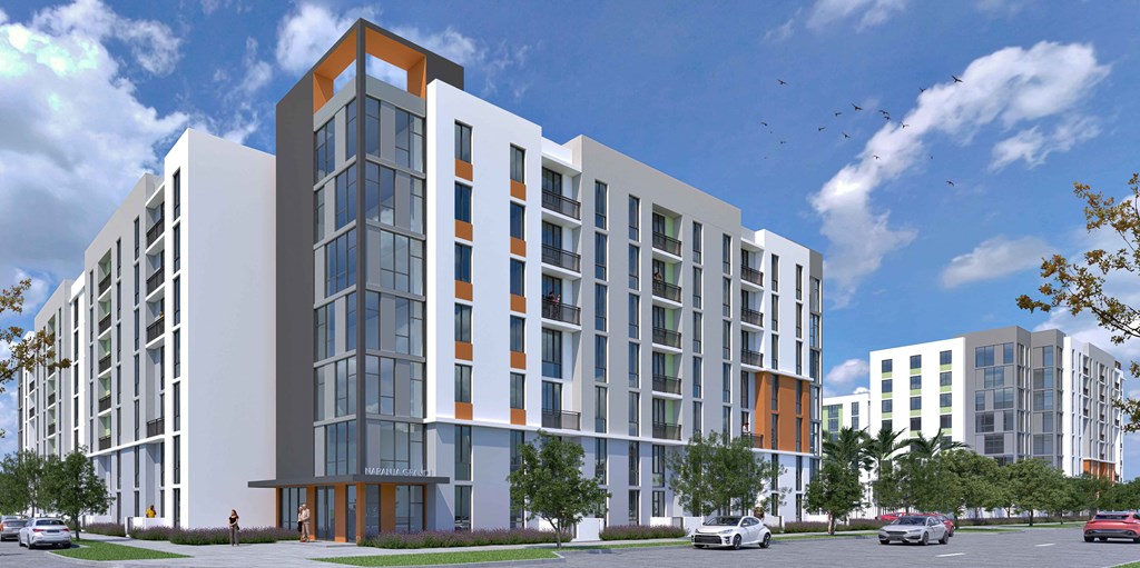 a rendering of an apartment building on a city street