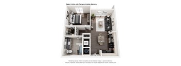 A floor plan of a unit with a terrace and juliette balcony.