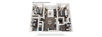 A 3D floor plan of a unit with a terrace/juliette balcony.