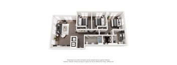 A 3D floor plan of a house with a kitchen, living room, and bedrooms.