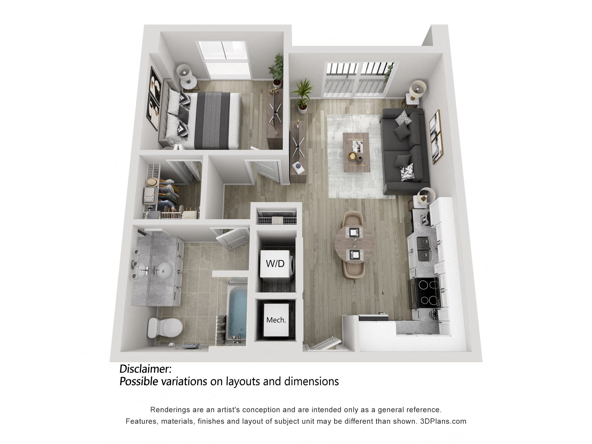 a stylized floor plan with a bedroom and a living room