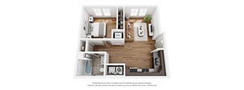 A 3D floor plan of a modern apartment with a kitchen, living room, and bathroom.