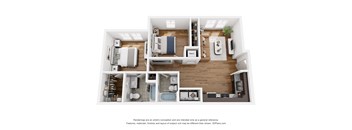 A 3D floor plan of a small apartment with a kitchen, living room, and bathroom.
