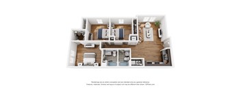 A 3D floor plan of a house with a kitchen, living room, and bathroom.