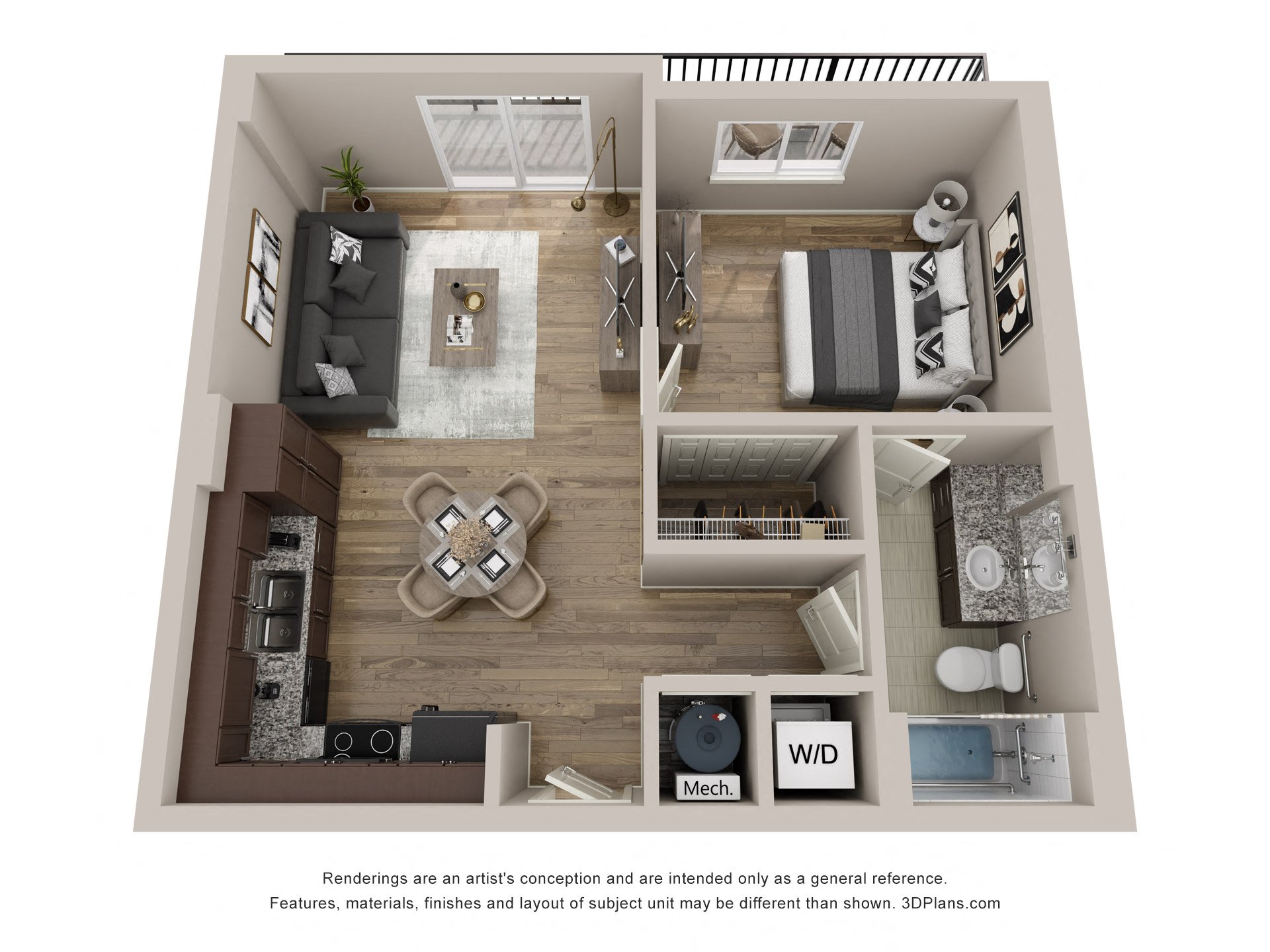a 1 bedroom floorplan is shown with an open floor plan