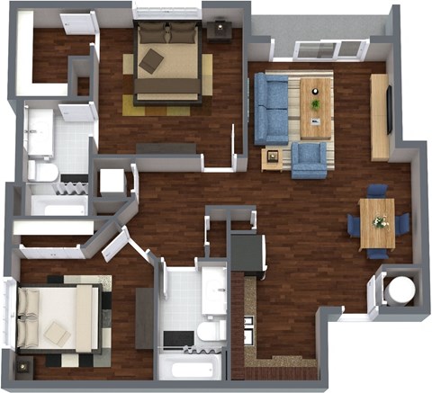 a floor plan of a two bedroom apartment with two bathrooms and a balcony