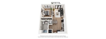 A 3D floor plan of a small apartment with a kitchen, living room, and bathroom.