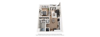 A 3D floor plan of a small apartment with a kitchen, living room, and bathroom.