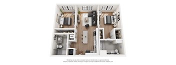 A 3D floor plan of a small apartment with a kitchen, living room, and bathroom.