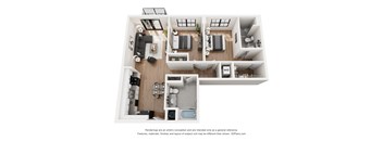 A 3D floor plan of a house with a kitchen, living room, and two bedrooms.