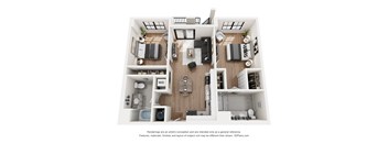 A 3D floor plan of a small apartment with a kitchen, living room, and bedroom.