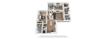 A 3D floor plan of a house with a kitchen, living room, and two bedrooms.