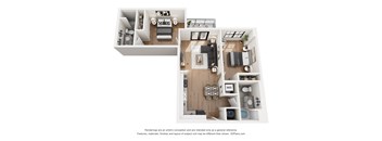 A 3D floor plan of a house with a kitchen, living room, and bedrooms.