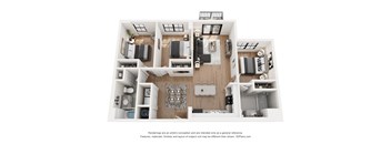 A 3D floor plan of a house with a kitchen, living room, and bathroom.
