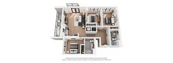A 3D floor plan of a house with a kitchen, living room, and two bedrooms.
